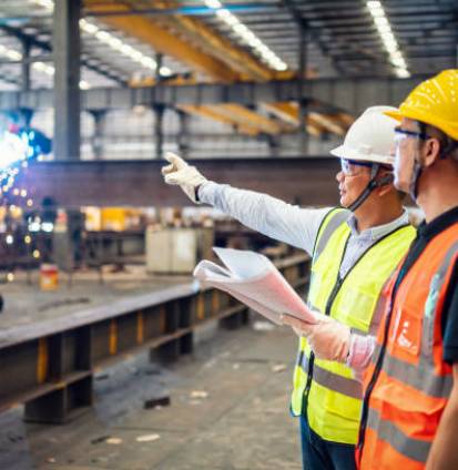 Quality inspectors working in a steel factory. Quality inspectors working in a steel factory.